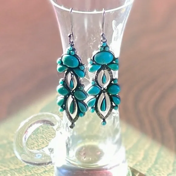 Peyote BirdTurquoise and Sterling Dangle Earrings w/Inner Dangles